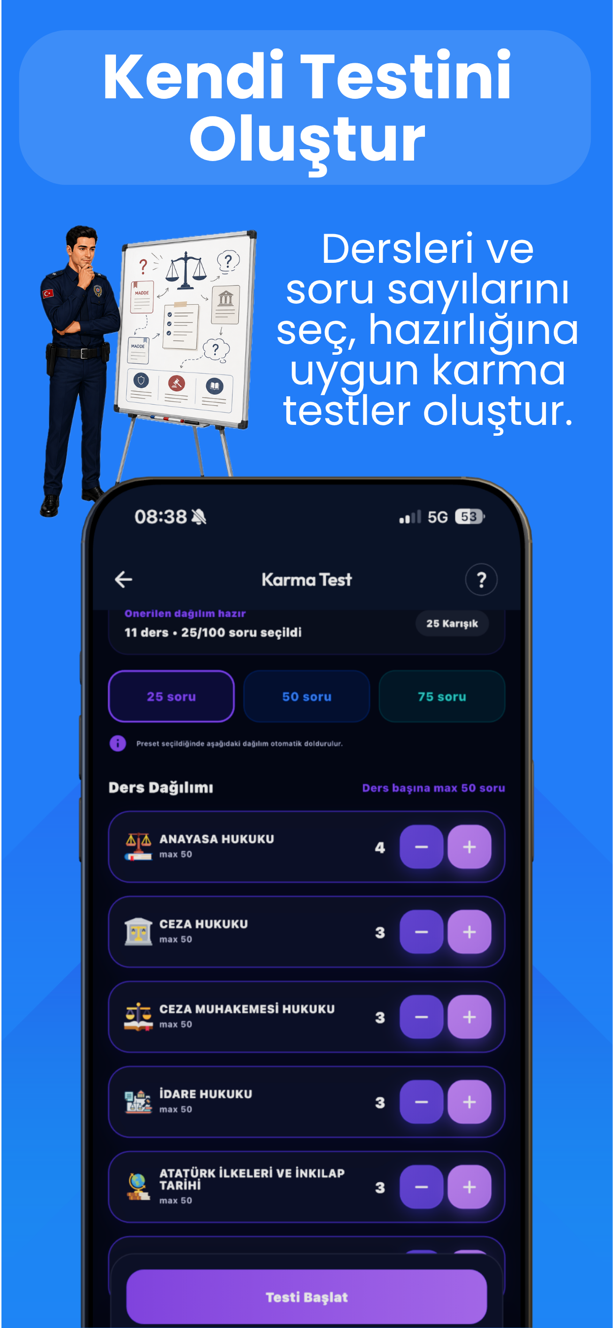 Misyon Akademi karma test oluşturma ekranı